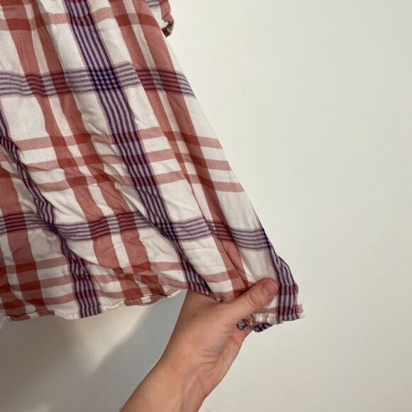 EXPRESS Plaid Off the Shoulder Blouse White Mauve Rose Pink Short Sleeve Summer - Picture 11 of 12